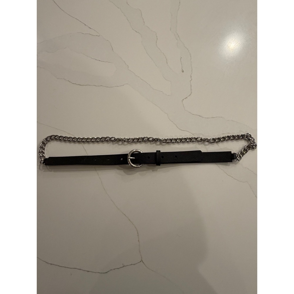 Michael Kors Black Saffiano Leather Silver Chain Skinny Belt Round Buckle Sz L - Picture 5 of 9